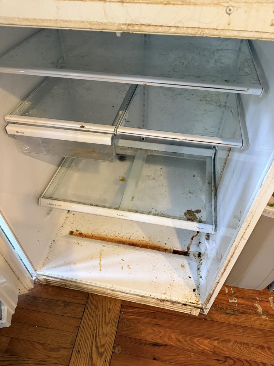 Refrigerator interior before cleaning, spills and grime on the shelves